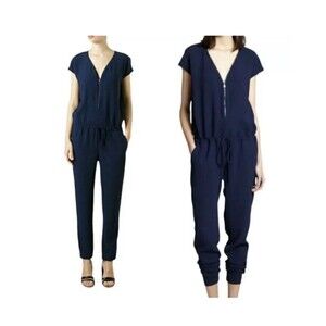 Vince V Neck Women's Navy Blue Zip Up Jumpsuit Zipper Pants Jogger Sz 2